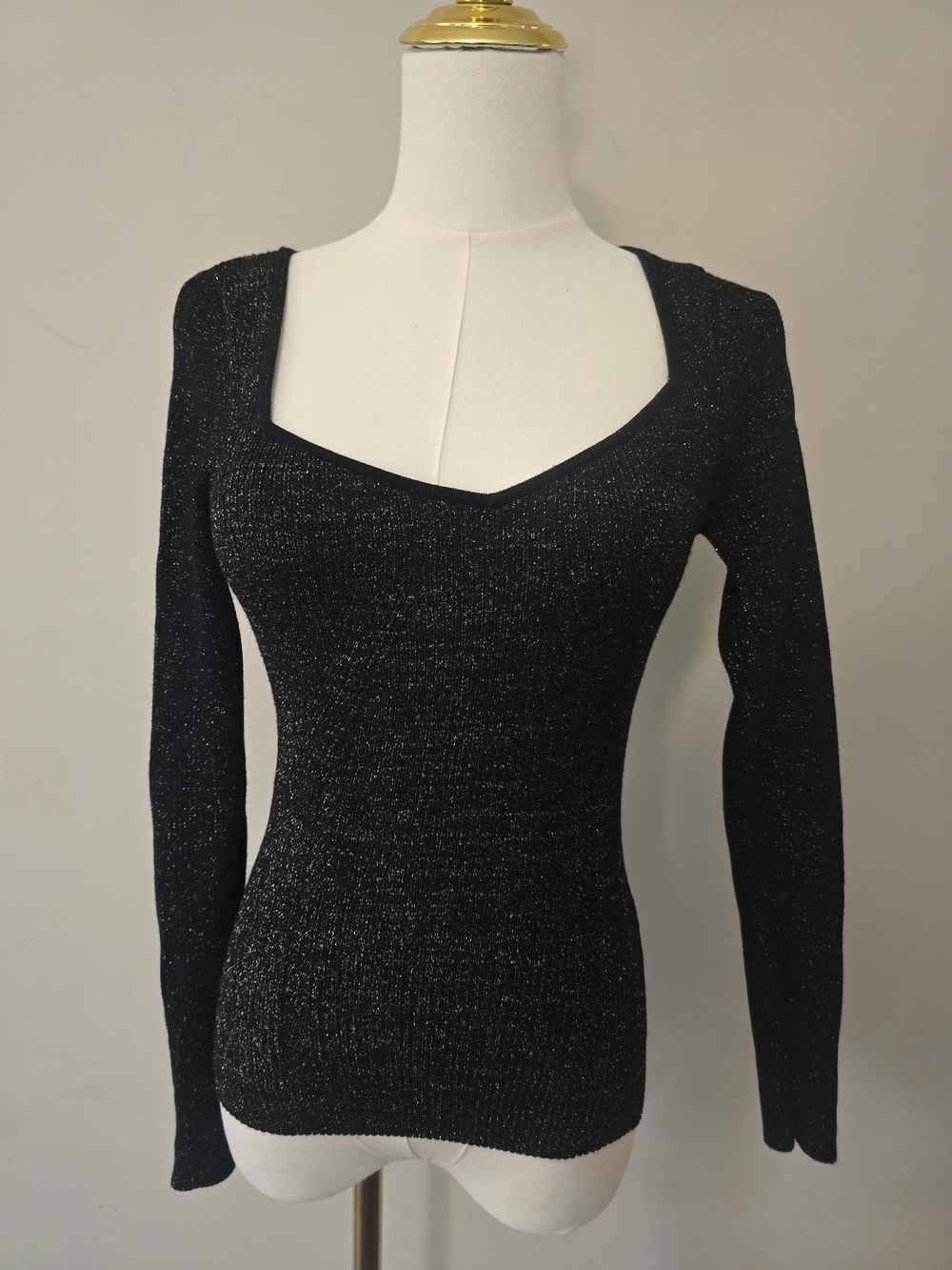 Anthropologie Black Metallic Square Neck Long Sleeve Ribbed Knit Top